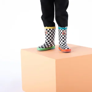New TOG24 Border Kids Shaun The Sheep Wellies Black White Checkerboard